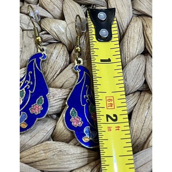 Cloisonne Blue Enamel Flower Butterfly Earrings Gold Tone Victorian Revival - Picture 7 of 9